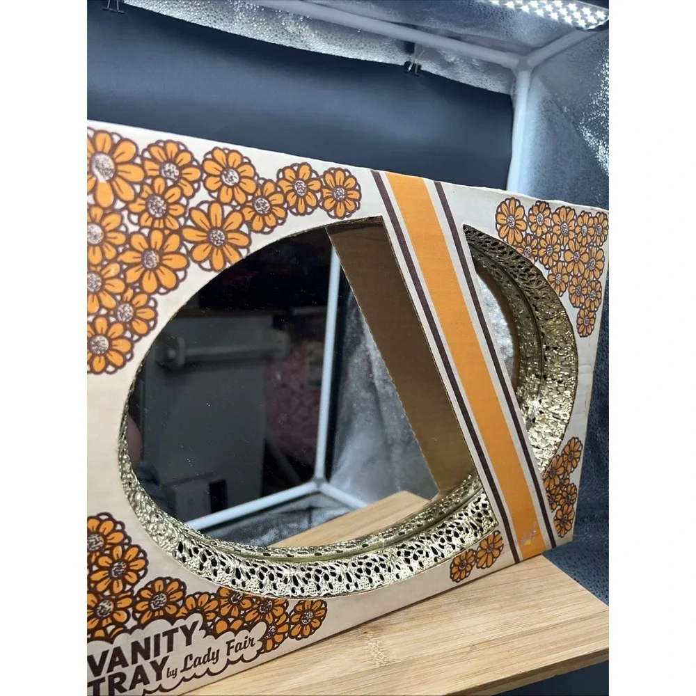 VTG Dresser Tray Mirror Gold-tone Filigree Vanity Lady Fair New In Box 13